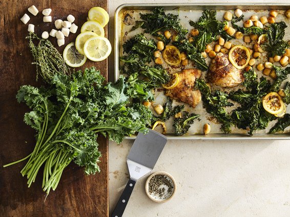 Lemon and Thyme Roasted Chicken Thighs with Sheet-Pan Gnocchi and Kale Recipe