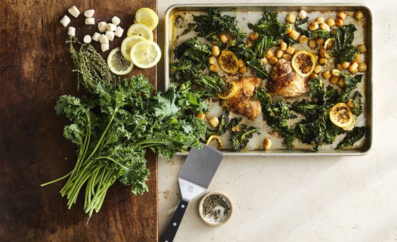 Lemon and Thyme Roasted Chicken Thighs with Sheet-Pan Gnocchi and Kale Recipe