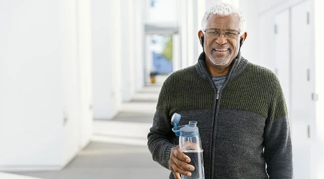 Man in a black sweater with earbuds in, holding a water bottle while standing in a hallway